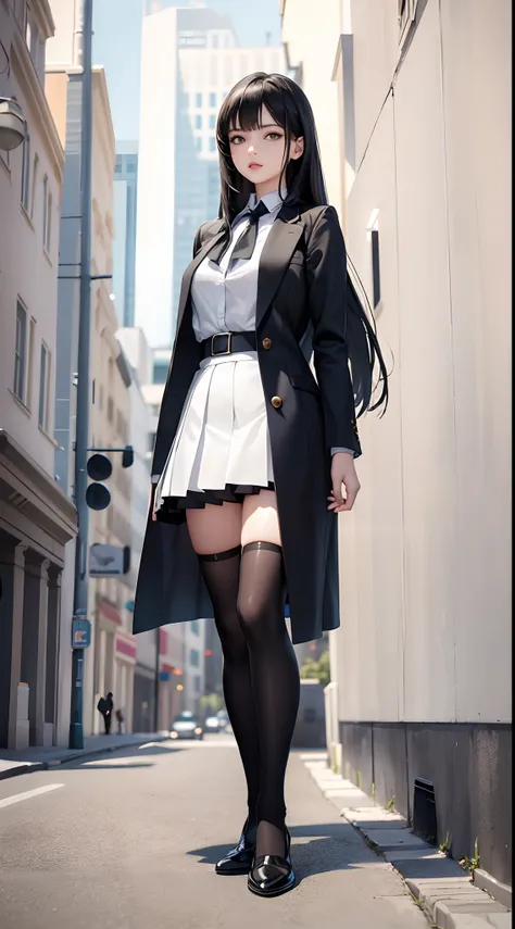 ((masterpiece, best_quality)), 1girl, (photorealistic:1.4),  solo, white_background, black_hair, long_hair,   zettai_ryouiki, skirt, ((full_body)),