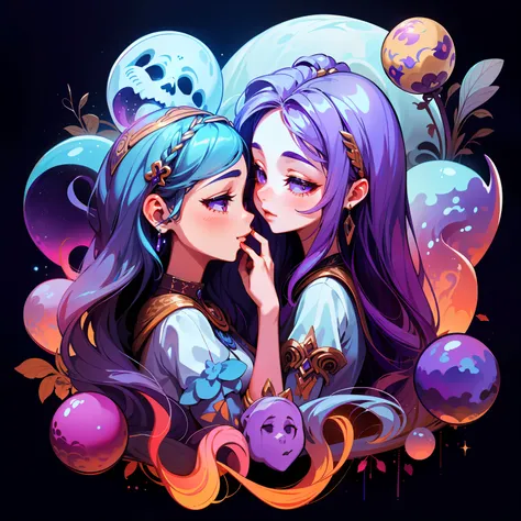 adesivo, fundo simples, portrait, 2 girls, couple, kissing, girl with long hair, beautiful goddess girl, goddess aesthetic, beautiful girl, very beautiful fantasy art, beautiful and elegant female goddess, beautiful detailed fantasy, purple and yellow colo...