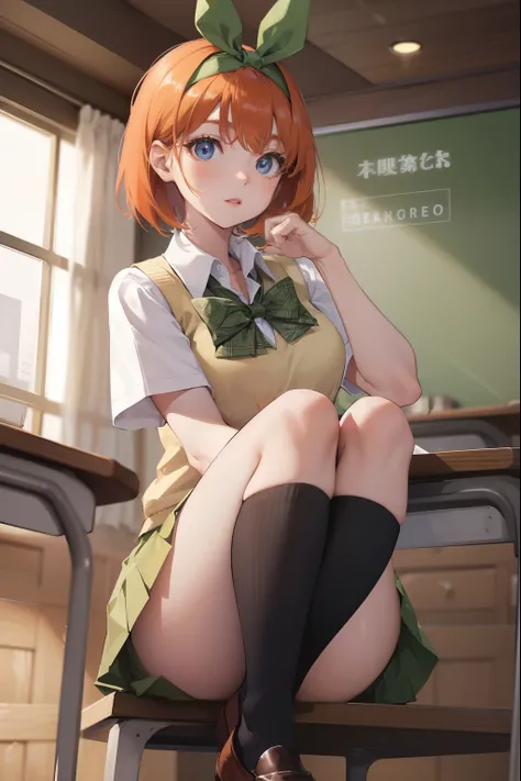 yotsubanakano, yotsuba nakano, bangs, short hair, blue eyes, hair between eyes, hair ribbon, hairband, orange hair, green ribbon,
BREAK skirt, shirt, bow, ribbon, school uniform, white shirt, short sleeves, pleated skirt, shoes, socks, collared shirt, mini...