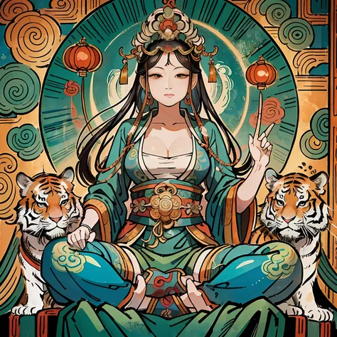 an ancient Chinese goddess, guanyin of the southern seas, Guanyin, Inspired by India, Avalokiteshvara rides a tiger，,Serene expression,shui mo hua,Buddha,Buddhist,Lotus,Chinese painting style,Thangka style