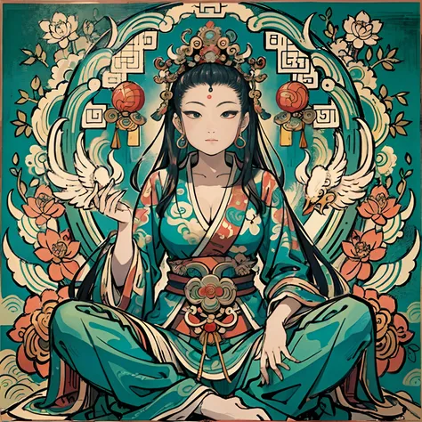 an ancient Chinese goddess, guanyin of the southern seas, Guanyin, Inspired by India, Avalokiteshvara rides a phoenix，,Serene expression,shui mo hua,Buddha,Buddhist,Lotus,Chinese painting style,Thangka style