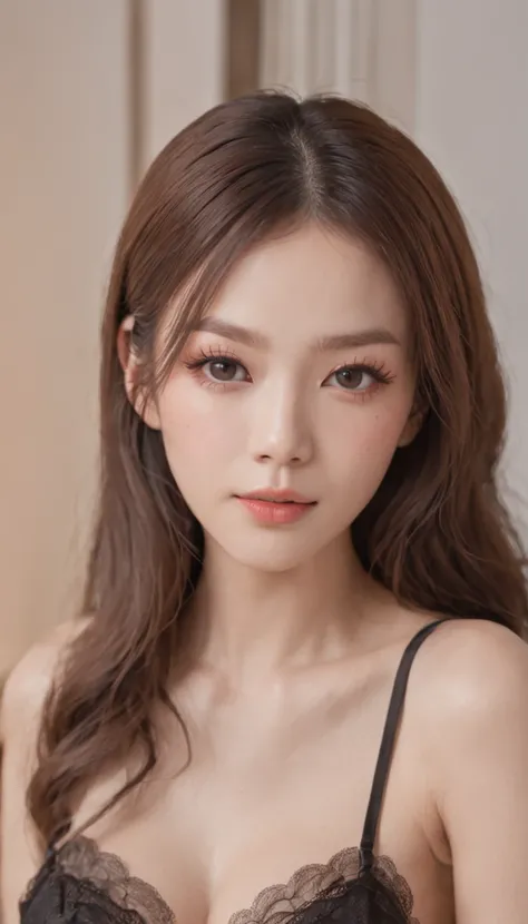 She wears black luxury lingerie and black knee-high socks. She stands up and poses like a model。 The shooting location is the living room of a luxury house. Colored eyeliner and beige eyeshadow complement the eye area. Her eyelashes are long、Her gaze is sl...