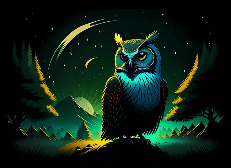 T-shirt design, tatuaje, fondo negro, Centrado en el arte, 2d, Vector, salpicaduras de colores vivos, Detalles intrincados, Maori owl character in black oil decal with wet glow appearance, Noche de luna llena, Medianoche, cementerio, graves, dry trees, Luz...