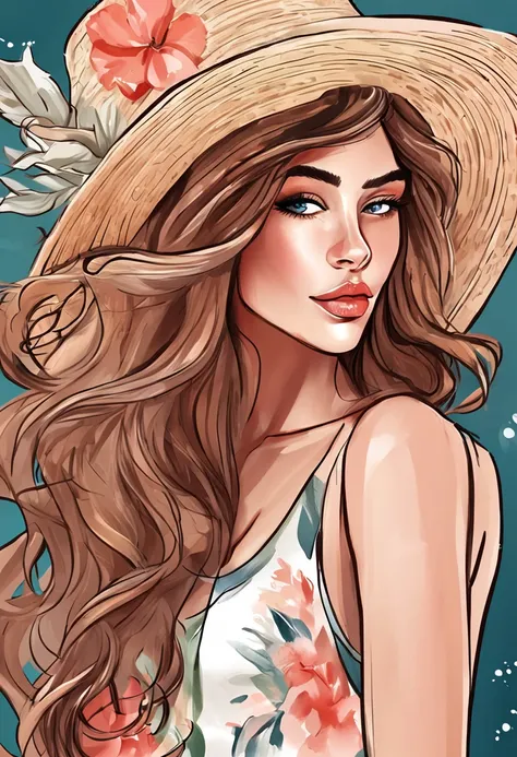 mulher com cabelo encaracolado preto, Olhos detalhados, top rosa e shorts jeans na praia, in digital illustration style, Beautiful digital illustration, stunning digital illustration, em estilo de arte bowater, stylized digital illustration, exquisite digi...