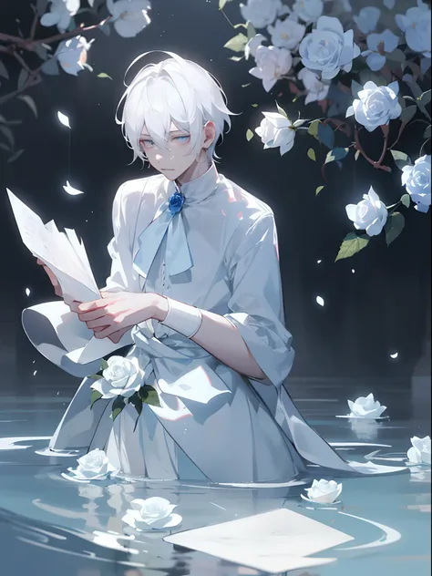 1boy，Male，Young man，Pale teenager，（（（Rose blanche））），white  shirt，（（bandagens）），bloods，The screen contrast is low，High brightness，White hair，Rose flower，bloods，Light blue leaves，softlighting，misterious ambience，Flood