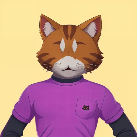 There is a cat wearing a purple shirt and a black glove, Retrato de personagem peludo, sem linha, um gato antro, anthropomorphic cat, personagem peludo, Personagem altamente detalhado, gato antro, peludo do gato, generic furry style, gato anime, arte digit...