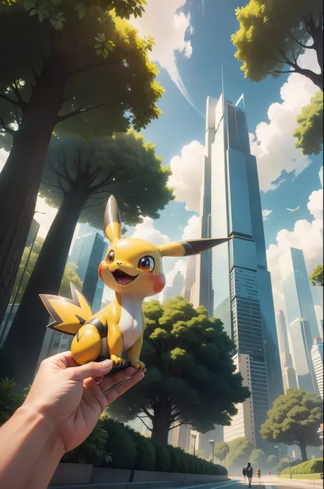 "Crie uma paisagem futurista realista em 8K com um lindo dia ensolarado. Include tall, modern skyscrapers, flying cars and a verdant park with tall trees and colorful flowers. Add some fun Pokémon to the scene, como Pikachu e Charmander, interagindo com as...