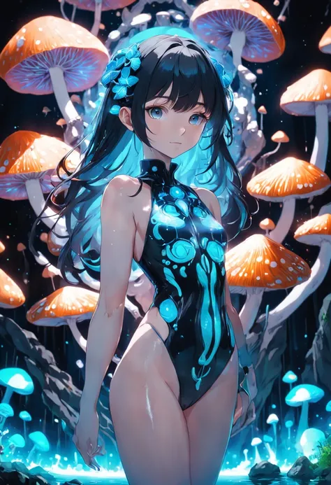 (best quality)), ((masterpiece)), ((realistic)), (detailed), liquid luminous black:1.5, texture glossy cyan:1.3, 1beautiful young woman with sticky jumpsuit, sexy, top to bottom photo, lots of glow neon mushrooms, mandalas, cinematic, sharp, ray tracing, b...