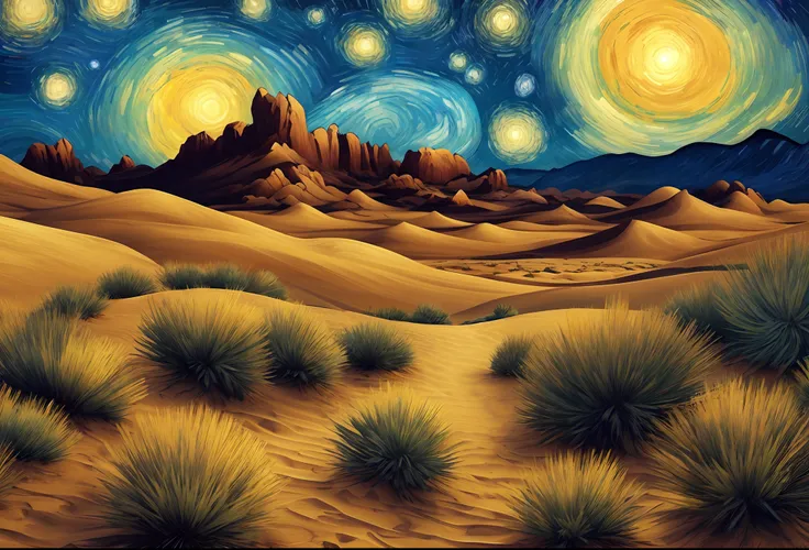 Starry night in the desert with desert plants and desert hills, painting of a sand landscape, stary night painting, painting of a dreamscape, Sand desert fantasy, calm evening. Digital illustration, in style of digital painting, Starry nights, in the style...