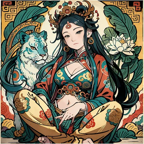 an ancient Chinese goddess, guanyin of the southern seas, Guanyin, Inspired by India, Avalokiteshvara rides a lion，,Serene expression,shui mo hua,Buddha,Buddhist,Lotus,Chinese painting style,Thangka style