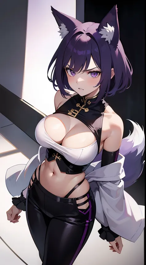 Adult woman, short purple hair with white strands, Fox ears, violet eyes, Chinese Battle Dress, neckline on the chest, open belly, tight pants, Fox tails, angry, Masterpiece, hiquality