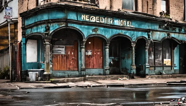 Neglected hotel seen from the street with a bit of rubbish scattered and the building needing a bit of maintenance