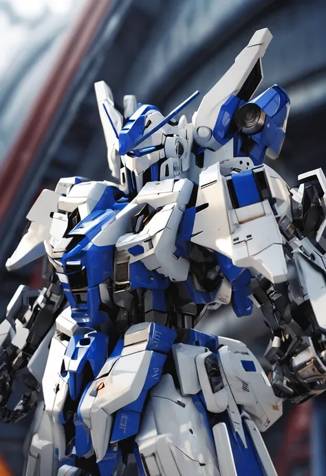 The picture shows white and blue Gundam, The style is very realistic, grandeur of scale, The details are complex, Reflective metallic texture, posing elegantly, rich details​, Cinema 4D texture, High detail