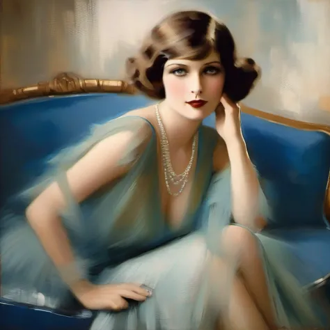 A beautiful woman from the 1920s, she has a lovely blue dress on, she is sitting on a couch, she has blue eyes, she is beautiful, sexy, elegant, oil on canvas in ambrose McEvoy, brilliant brush work, abstract work, dreamy, moody, soft lighting