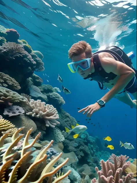 A full wide shot of a young Australian man with snorkeling gears dives after chitala fishes in a pool. bright pastel colors, cinematic comedy 8k --ar 16:9 --v 5.2 --s 750