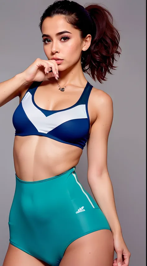 Mulher linda ajoelhada em uma quadra de basquete segurando uma bola de basquete, The day is sunny, sport bra and dark blue shorts, athletic fashion photography, sport bra and shorts, bra and shorts streetwear, jogar basquetebol, menina em forma, from then ...