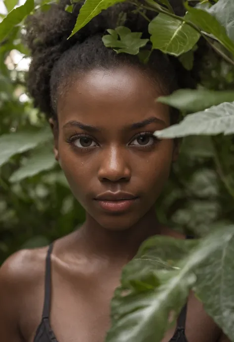 Na arte ultra realista, a verdant backdrop is depicted, com plantas exuberantes e folhagens diversas. Entre as plantas, vemos um menino afro-brasileiro, black skin bright eyes peeking from behind a bush,as folhagem cobrem metade do seu rosto com um olhar t...