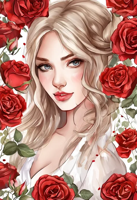 teens girl，Red roses，Valentines Day，white dresses，eye glass，tmasterpiece，vectorial art，ultra - detailed，closeup cleavage，Best quality at best，超高分辨率, best shadow