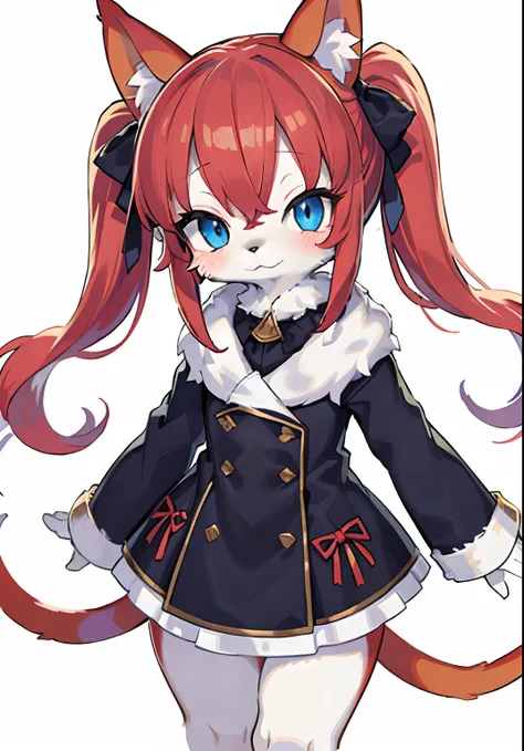 solo,furry,furry girl , fluffy tail,Animal ears, red hair, blue eyes,cute,loli,Twintails,white fur