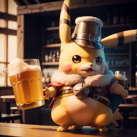 Pikachu with Viking hat holding a glass of beer