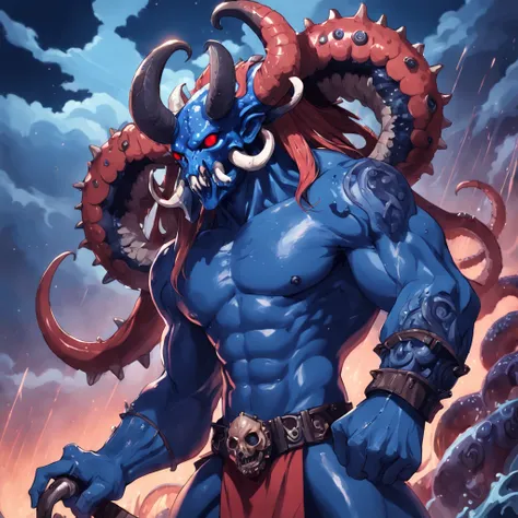 cephalopod, ragged navy blue tentacles, navy blue minotaur head mixed with a skull, barbarian-like armor navy blue and red, masterpiece, Best Quality