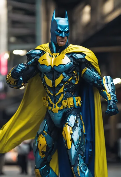 Um batman verde, Realistic yellow and blue in a titanium cybernetic suit, detalhado, designe perfeito, alta qualidade arestas perfeitas e simetricas  ::n_desenho de estilo, Low-quality imperfection, boneco, jogo, anime