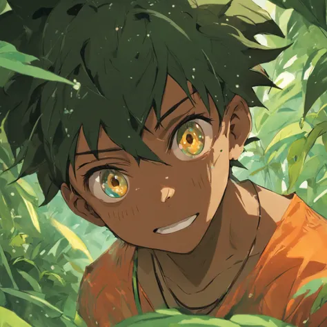 Na arte ultra realista, a verdant backdrop is depicted, com plantas exuberantes e folhagens diversas. Entre as plantas, vemos um menino afro-brasileiro, black skin bright eyes peeking from behind a bush,as folhagem cobrem metade do seu rosto com um olhar t...