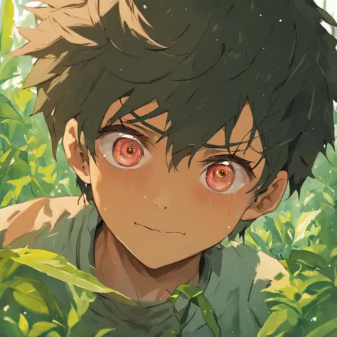 Na arte ultra realista, a verdant backdrop is depicted, com plantas exuberantes e folhagens diversas. Entre as plantas, vemos um menino afro-brasileiro, black skin bright eyes peeking from behind a bush,as folhagem cobrem metade do seu rosto com um olhar t...