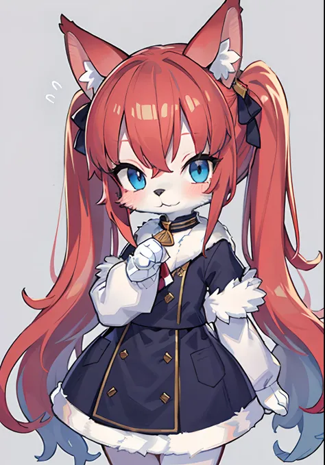 solo,furry,furry girl , fluffy tail,Animal ears, red hair, blue eyes,cute,loli,Twintails,white fur,long hair