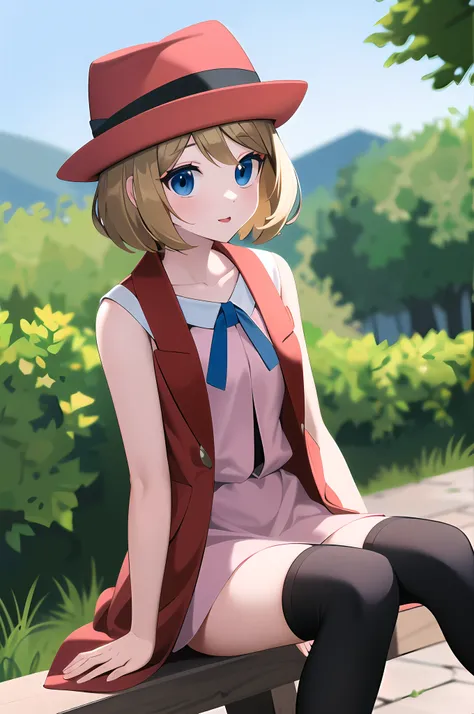 masterpiece, best quality, highres, serena \(pokemon\), short hair, blue eyes, 1girl, solo, blue ribbon, eyelashes, black thighh...