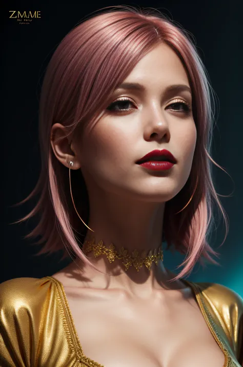 an image of a woman with pink hair and pink lipstick, in the style of hyperrealistic marine life, light gold and azure, dreamlike symbolism, enchanting realms, golden palette, zbrush, iconic album covers