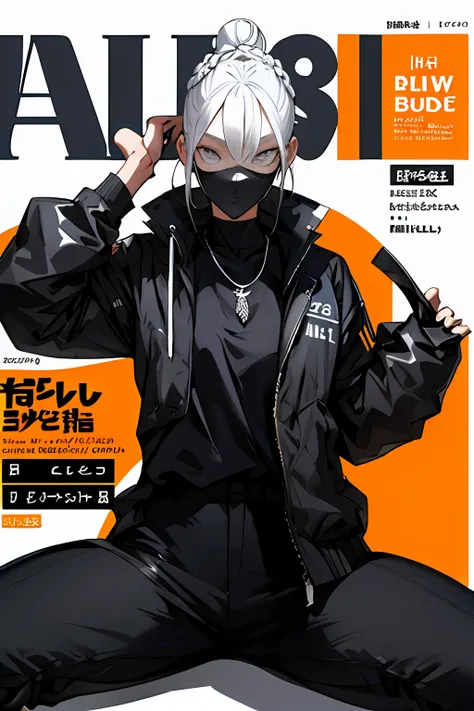 (magazine cover:1.3),ulzzang-6500, (realistic: 1.3) (original: 1.2), masterpiece, best quality, beautiful clean face, fullbody, 1woman, (wearing black and white and cobalt scifi techmask and headphones with complex electronics), wearing black techwear jack...