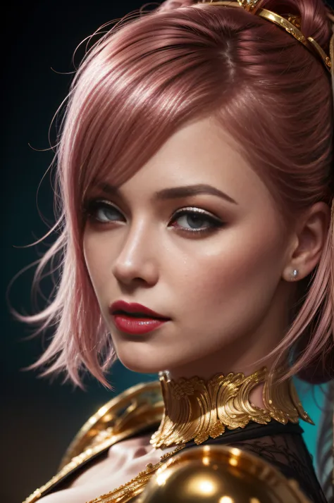 an image of a woman with pink hair and pink lipstick, in the style of hyperrealistic marine life, light gold and azure, dreamlike symbolism, enchanting realms, golden palette, zbrush, iconic album covers