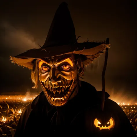 finally detailed, quality, (masterpiece:1.2), (best quality), (intricate details), a demonic scarecrow with a pumpkin, man, human, Jack OLantern as the Chief, straw, Night, autumn weather, dark, spooky, cornfield, burning field, rain, demonic, glowing red ...