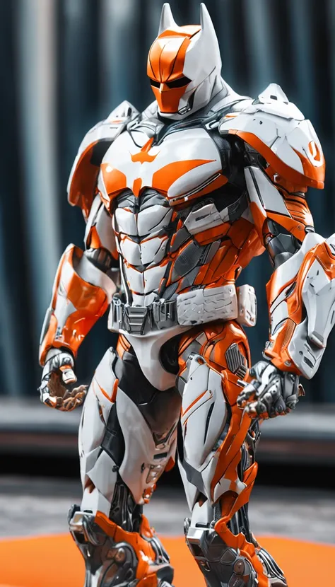 A realistic orange and white batman in a titanium cybernetic suit, detalhado, designe perfeito, alta qualidade arestas perfeitas e simetricas  ::n_desenho de estilo, Low-quality imperfection, boneco, jogo, anime