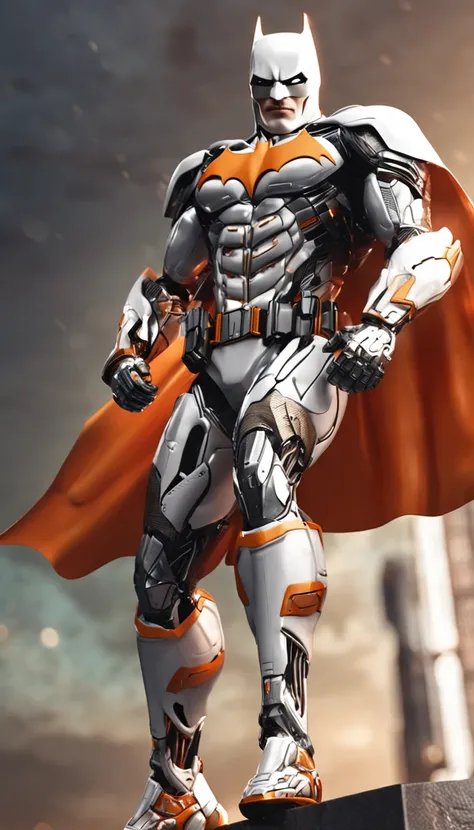 A realistic orange and white batman in a titanium cybernetic suit, detalhado, designe perfeito, alta qualidade arestas perfeitas e simetricas  ::n_desenho de estilo, Low-quality imperfection, boneco, jogo, anime