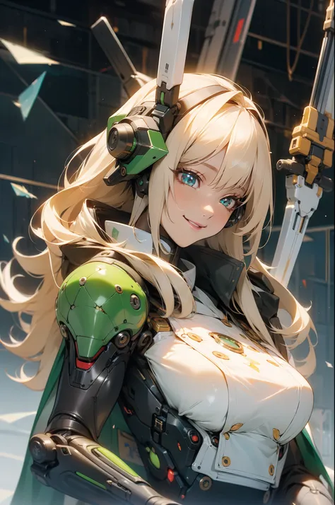 Best quality, masterpiece, highres, broken shards of glass, reflective, glitter, cool egdy, smile, woman, long hair, sexy, intricate, cinematic, macha, robotic, futuristic, advanced, perfect female anatomy, matrix, cybernetics, hydraulics, militaristic, cl...