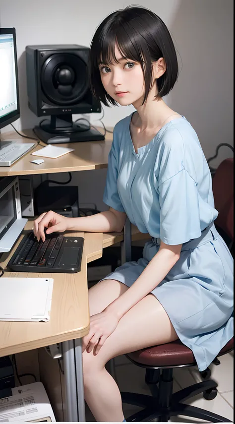 masutepiece, of the highest quality, 1 Lady,  20yr old, ((short-hair)), ((computer lab))