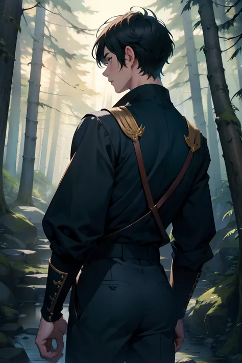 Boy Prince Dark Forest short hair change of clothes focus on the back