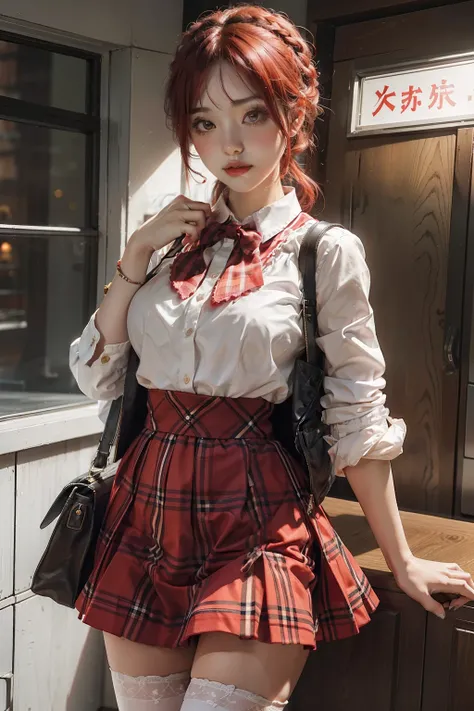 A lovely girl，20yr old，Strawberry pattern shirt，red-plaid-short-skirt，whitestocking，light red hair，Highly saturated clothing，Fashionab，Heavy makeup