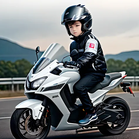 A boy dressed in black wears Li Ning Feidian 3challenger shoes，Wearing an FF811 helmet with LS2，Sitting on a white number 9 n85c motorcycle with license plate number Lu MA2119，The view behind it