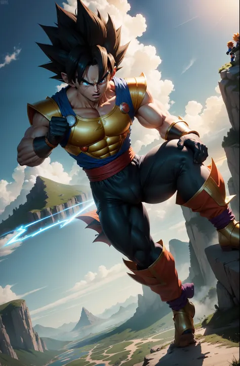 "Create an 8K image that depicts an epic Dragon Ball scene. Goku is facing his most powerful enemy in a stunning setting, with majestic mountains and a clear blue sky. Add some secondary characters, como Vegeta e Piccolo, lutando ao lado de Goku. I want to...