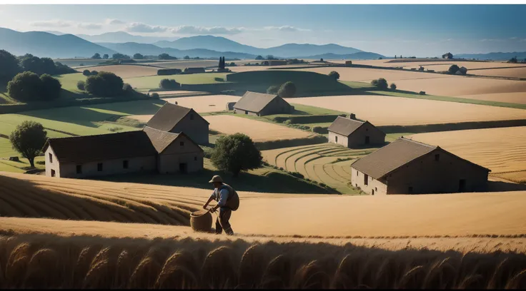 Images of an ancient landscape, a village and a young man threshing wheat in a mill