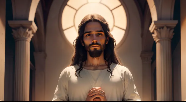 high-definition image depicting Jesus Christ. A imagem deve ser realista, with a careful representation of facial features and general appearance according to traditional description. Jesus is to be portrayed in a serene and enlightened setting, perhaps wi...