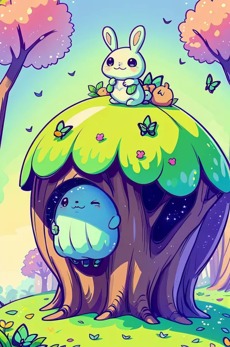 Cute little slime monsters walking happily in the magic city, trees with lots of leaves, Flowers, Blue sky, Cute rabbits follow little monsters in the enchanted forest, butterflys, candy store