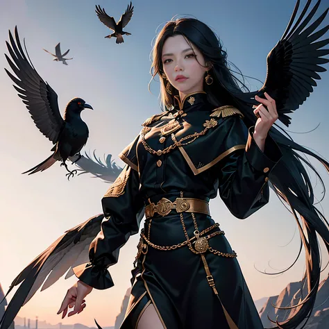 tmasterpiece，A high resolution，8K，CG animation，A flock of black magpies flew in line in the sky。