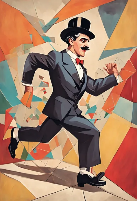 cena de "tempos modernos" em que o personagem Carlitos (Charlie Chaplin) is stuck on a production treadmill, dismembered into geometric shapes and overlapping angles to convey the social critique present in the film ::style cubista colorful