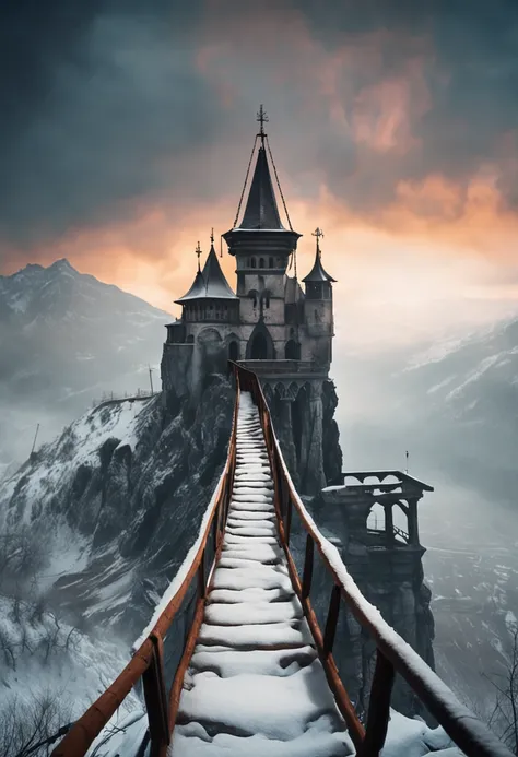 Medieval creepy monastery on top of a snowy mountain with fog and snow. Bridge of ropes and wood to reach it with an abyss below. gothic style painting. Evil is present and horror is in the late afternoon