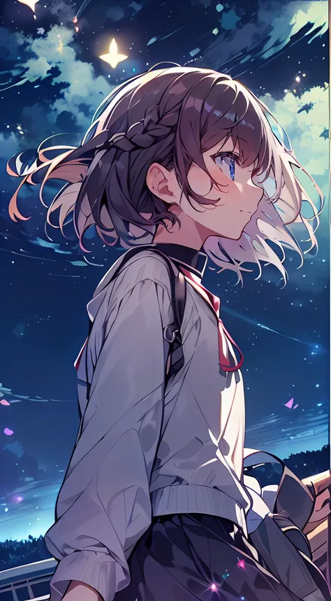 masutepiece, Best Quality,Illustration, Wallpaper, Ultra Detail, absurderes, 1girl in、 (Medium short hair、short braided hair), Beautiful ultra-detailed eyes , Hair fluttering in the wind、Smaller head、Beautiful night sky、(a panoramic view:1.5)