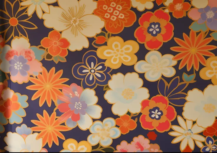 Colorful floral pattern on blue background, japanese related with flowers, Inspired by Tadashi Asai, ukiyo-style, by Ayako Rokkaku, by Kume Keiichiro, inspired by Katsushika Ōi, ukiyo, Imari, inspired by Ogata Kōrin, inspired by Hishida Shunsō